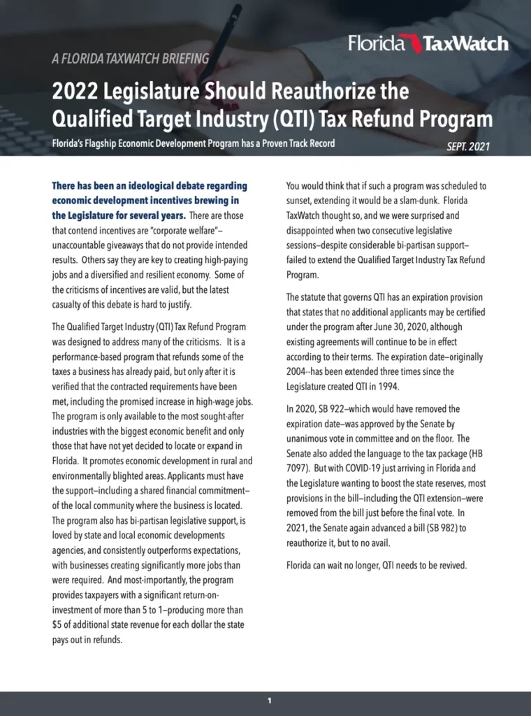 2022 Legislature Should Reauthorize the Qualified Target Industry (QTI) Tax Refund Program