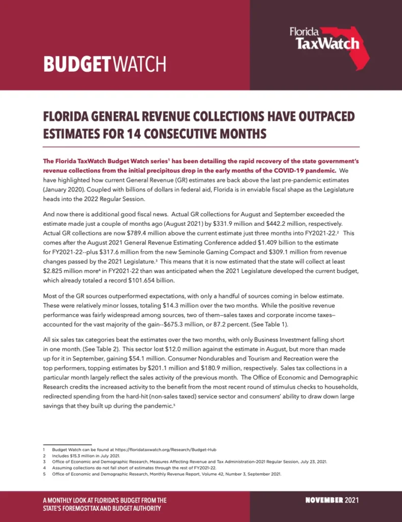 Budget Watch – FLORIDA GENERAL REVENUE COLLECTIONS HAVE OUTPACED ESTIMATES FOR 14 CONSECUTIVE MONTHS