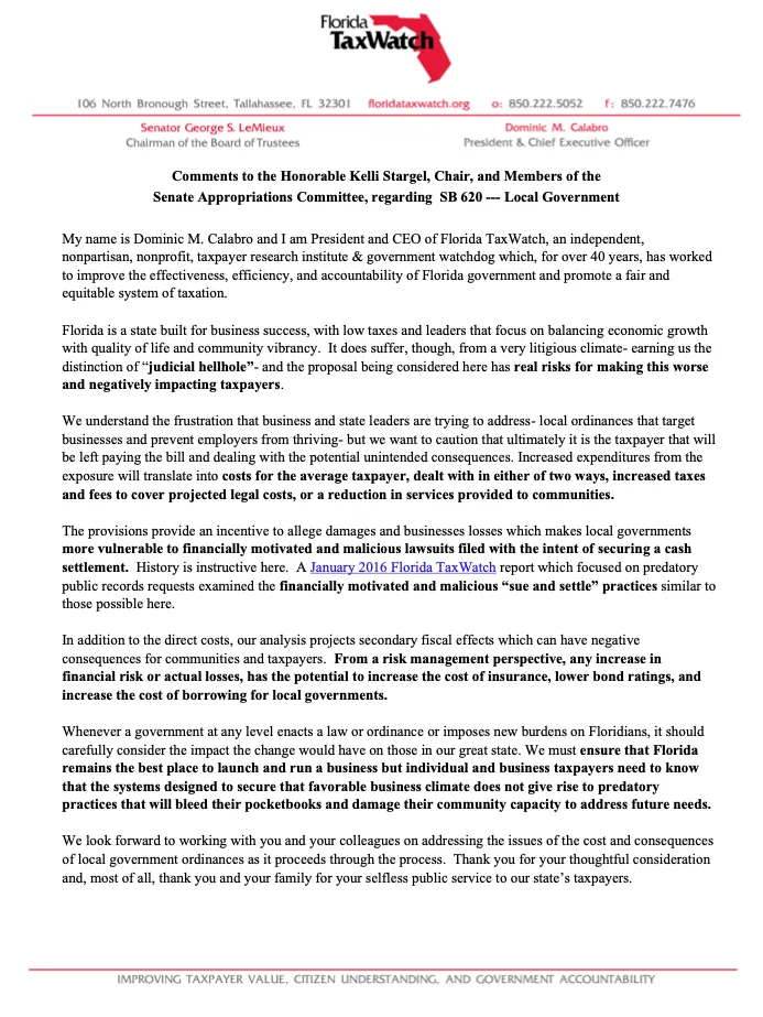 Comments to the Honorable Kelli Stargel, Chair, and Members of the Senate Appropriations Committee Regarding SB 620: Local Government