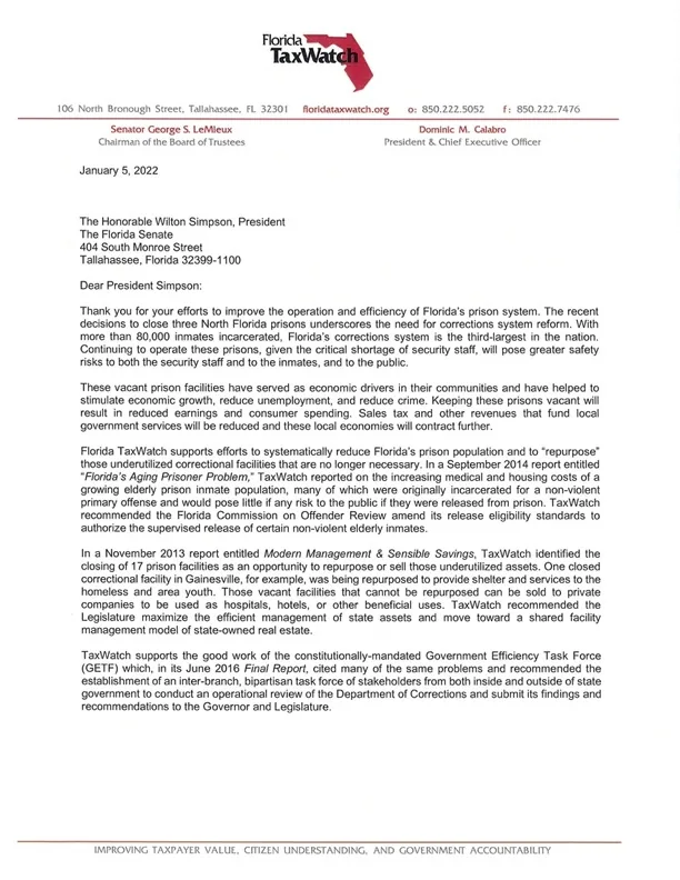 Letter to the Governor, Senate President and House Speaker regarding prison closures